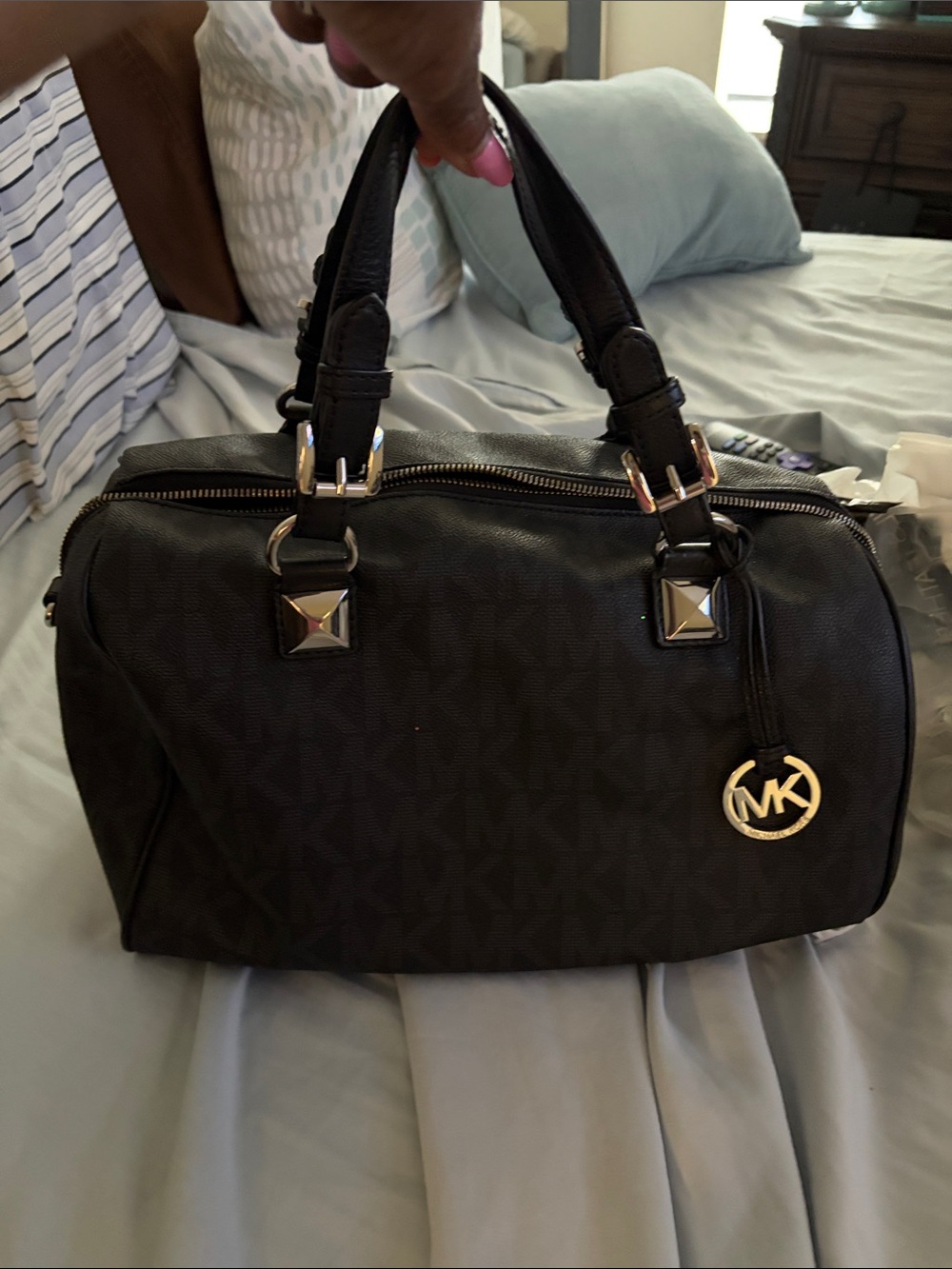 Michael Kors Black MK Logo Satchel with Gold Charm